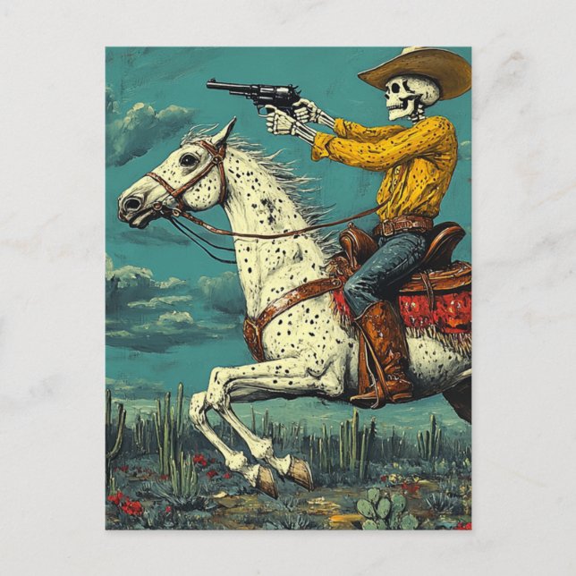 Skeleton Cowboy auf einem Appaloosa Pferd Postkarte (Vorderseite)