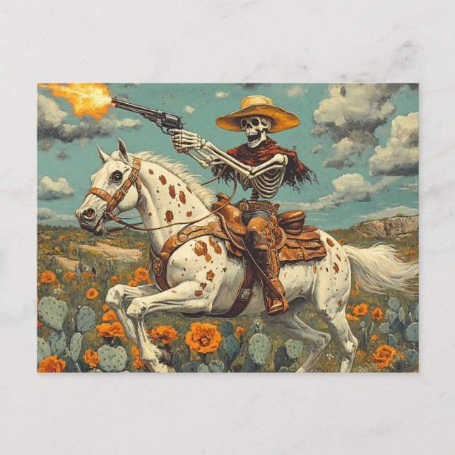 Skeleton Cowboy on a Appaloosa Horse in Cactus Postkarte (Vorderseite)