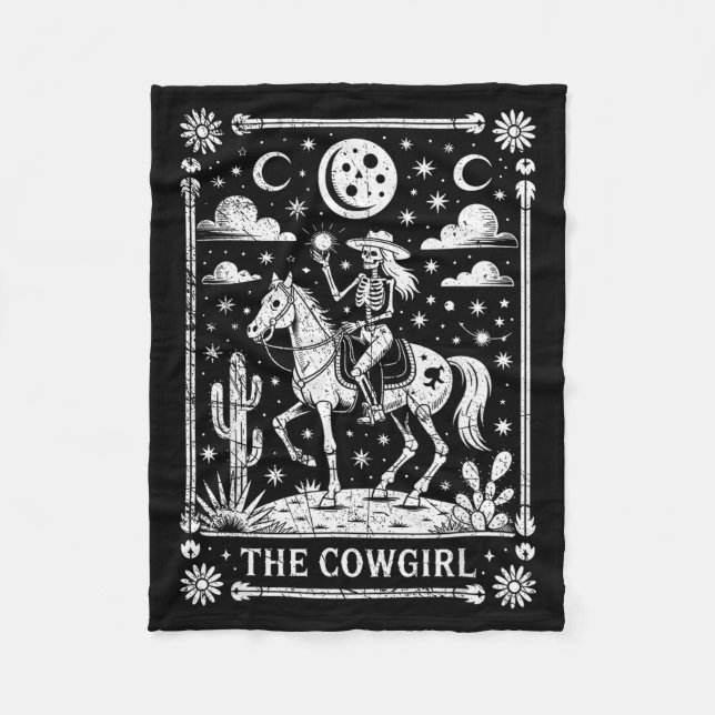 Skeleton Cowgirl Riding Horse Tarot Card Gothic Ha Fleecedecke (Vorderseite)