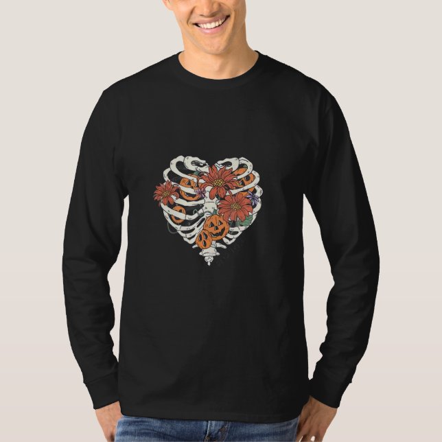 Skeleton Dead Inside Heart Flower Pumpkin T-Shirt (Vorderseite)