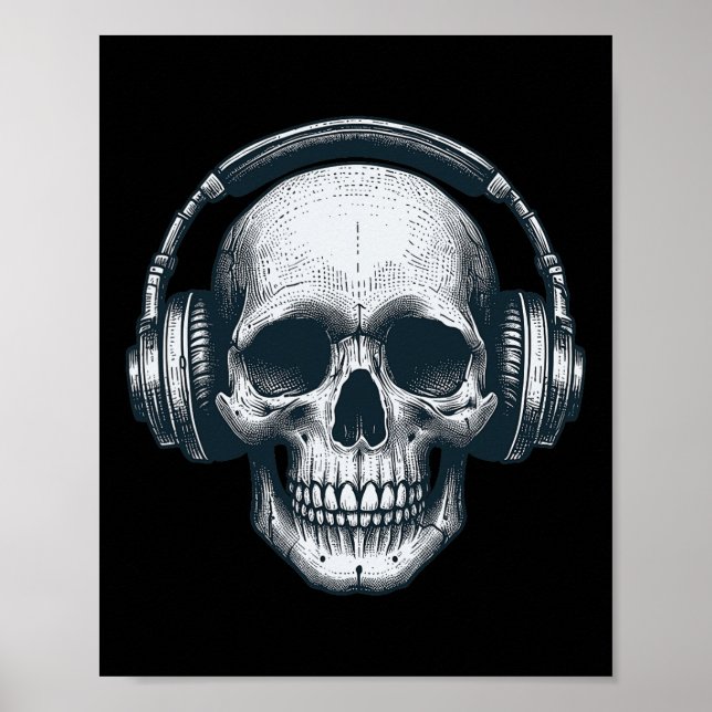 Skeleton Dj Kopfhörer Spooky Skull Musiker Hallo Poster (Vorne)