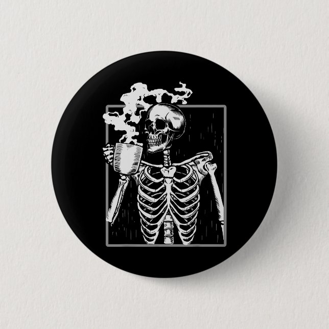 Skeleton Drinking Coffee Lover Funny Halloween Sku Button (Vorderseite)
