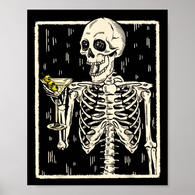 Skeleton Drinks Martini Schwanz Retro Halloween Co Poster (Vorne)