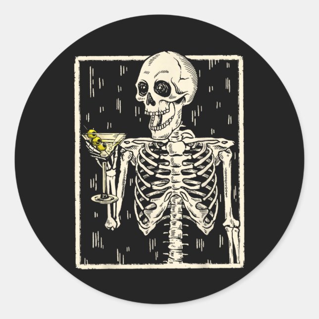 Skeleton Drinks Martini Schwanz Retro Halloween Co Runder Aufkleber (Vorderseite)