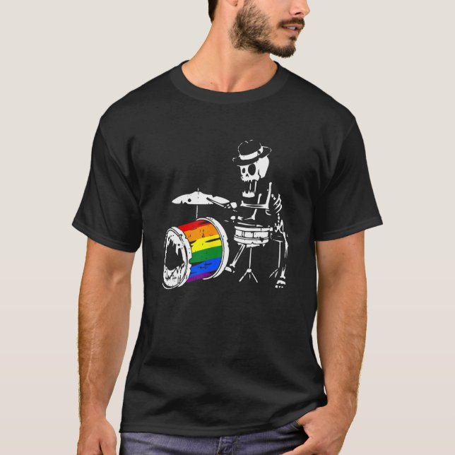 Skeleton Drummer Gay Pride LGBT Q Rainbow Drum Pri T-Shirt (Vorderseite)