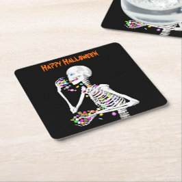 Skeleton Eating Halloween Candy Rechteckiger Pappuntersetzer