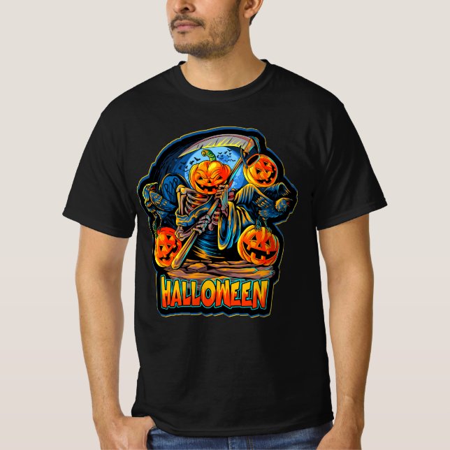 Skeleton Engel of Death Halloween Pumpkin Crows T-Shirt (Vorderseite)