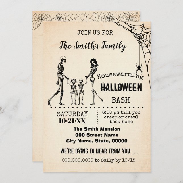 Skeleton Family Housewärming Halloween-Party Bash Einladung (Vorne/Hinten)