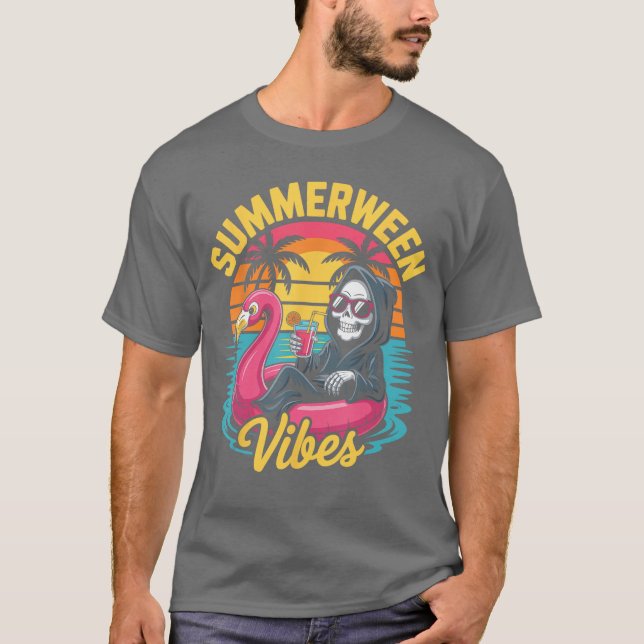 Skeleton Flamingo Spooky Summer Party Beach Summer T-Shirt (Vorderseite)