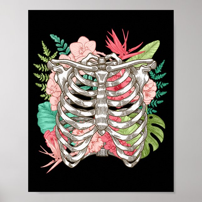Skeleton Flowers Rib Cage X-ray Funny Halloween  Poster (Vorne)