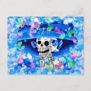 Skeleton-Frau in Blue Bonnet auf Blue Postkarte
