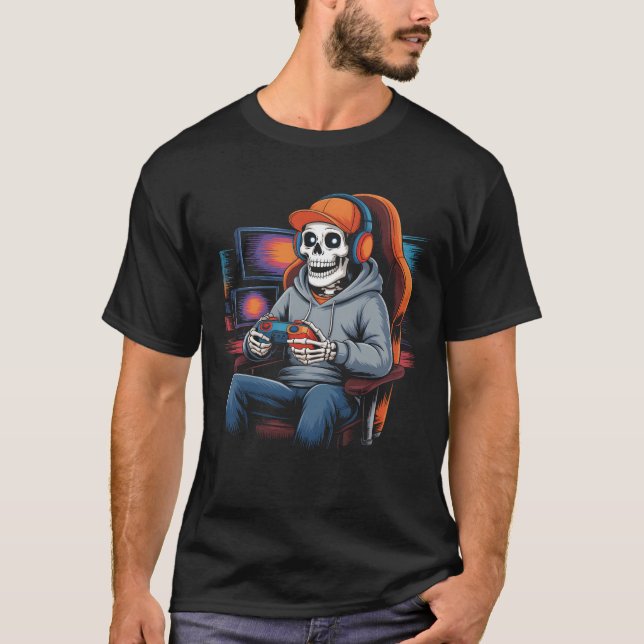 Skeleton Gamer spielen Videospiele in einem Gaming T-Shirt (Vorderseite)