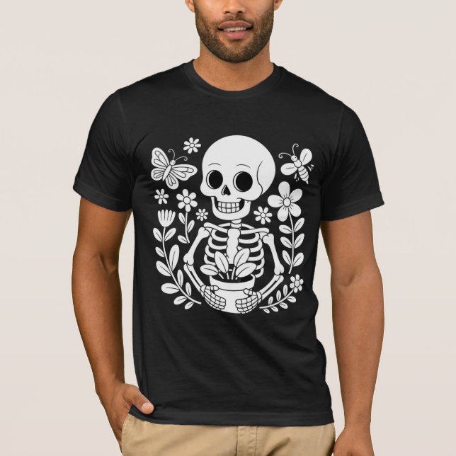 Skeleton Gardener Art Whimsical Flower Pot  T-Shirt (Vorderseite)