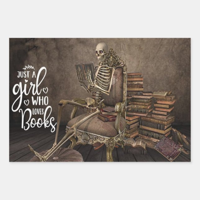 Skeleton Girl Book Lover Geschenkpapier Set (Vorderseite)