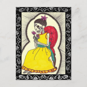 Skeleton Girl on Red Velvet Stuhl Postkarte