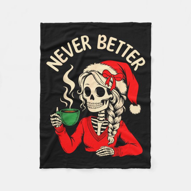 Skeleton Girl Santa Drinking Coffee Xmas Funny Sku Fleecedecke (Vorderseite)