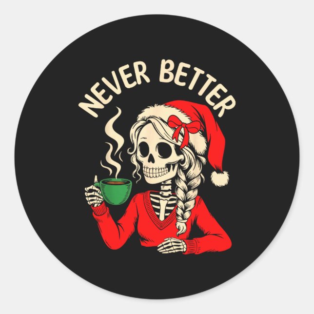 Skeleton Girl Santa Drinking Coffee Xmas Funny Sku Runder Aufkleber (Vorderseite)