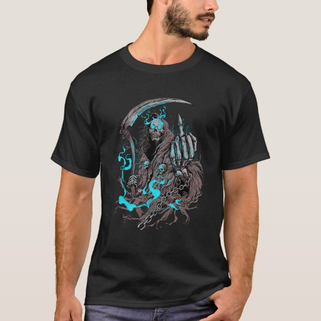 Skeleton Grim Reaper Rock Death Biker T-Shirt (Vorderseite)