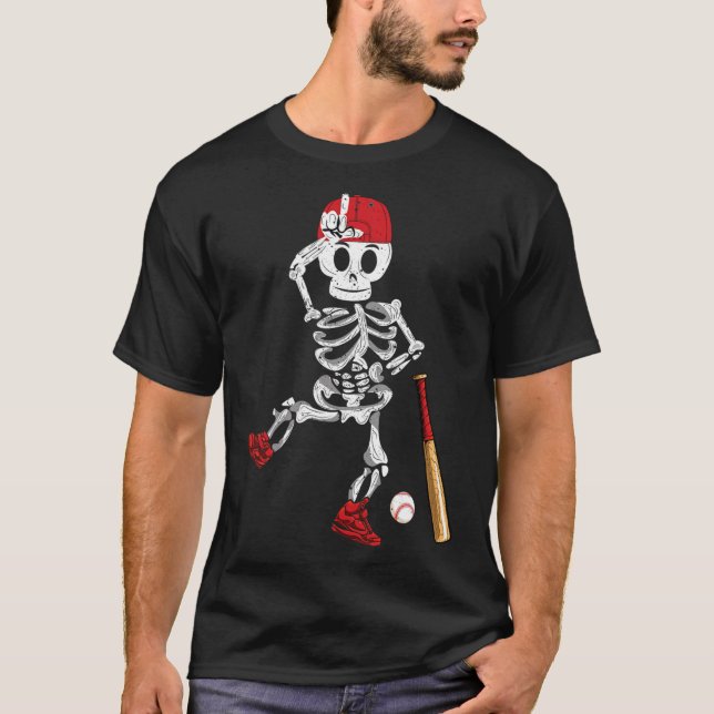Skeleton Halloween Funny Skelett Baseball spielen T-Shirt (Vorderseite)
