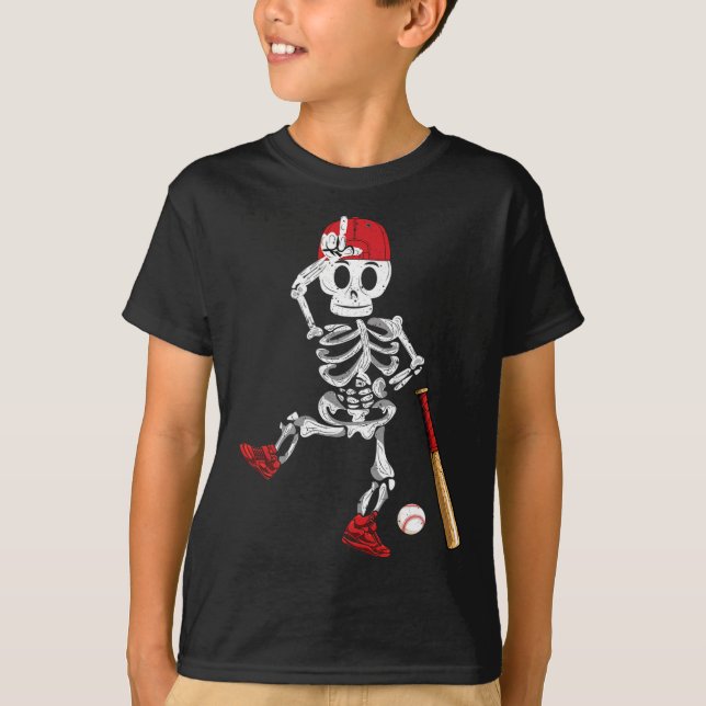 Skeleton Halloween Funny Skelett Baseball spielen T-Shirt (Vorderseite)