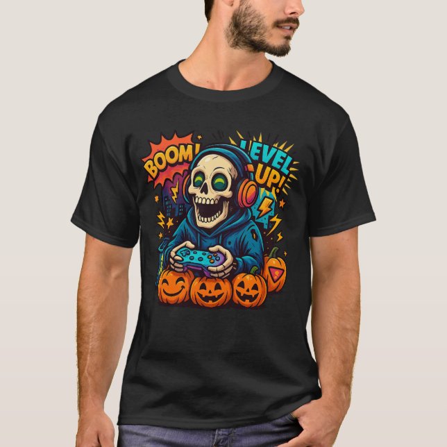 Skeleton Halloween Skull Gamer Spooky Pumpkin game T-Shirt (Vorderseite)