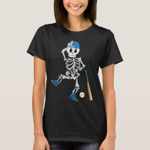 Skeleton Halloween Vintag Baseball Playing T-Shirt