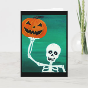 Skeleton hält Pumpkin Halloween Grußkarte Karte