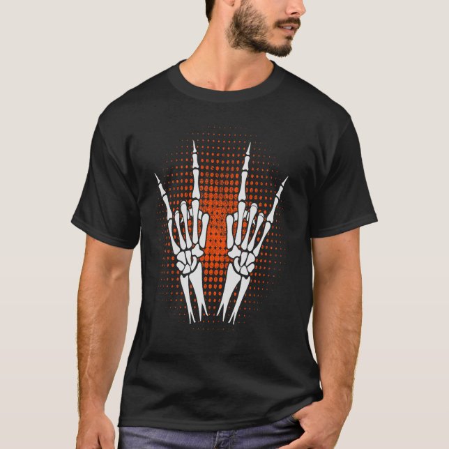 Skeleton Hand Devil Horns Rock Hand Geste T-Shirt (Vorderseite)