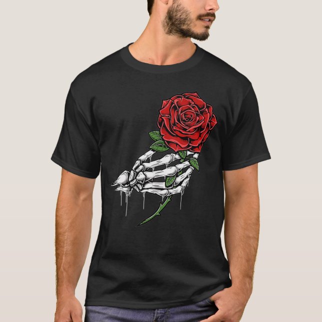 Skeleton Hand hält einen Single Rote Rose Stem Tat T-Shirt (Vorderseite)
