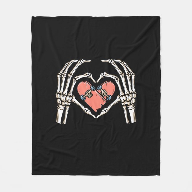 Skeleton Hand Heart Skateboard Valentinstag Funn Fleecedecke (Vorderseite)