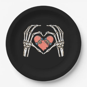 Skeleton Hand Heart Skateboard Valentinstag Funn Pappteller