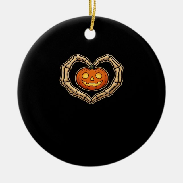 Skeleton Hand Herz mit Kürbiskürbis Niedliche Spoo Keramik Ornament (Vorne)