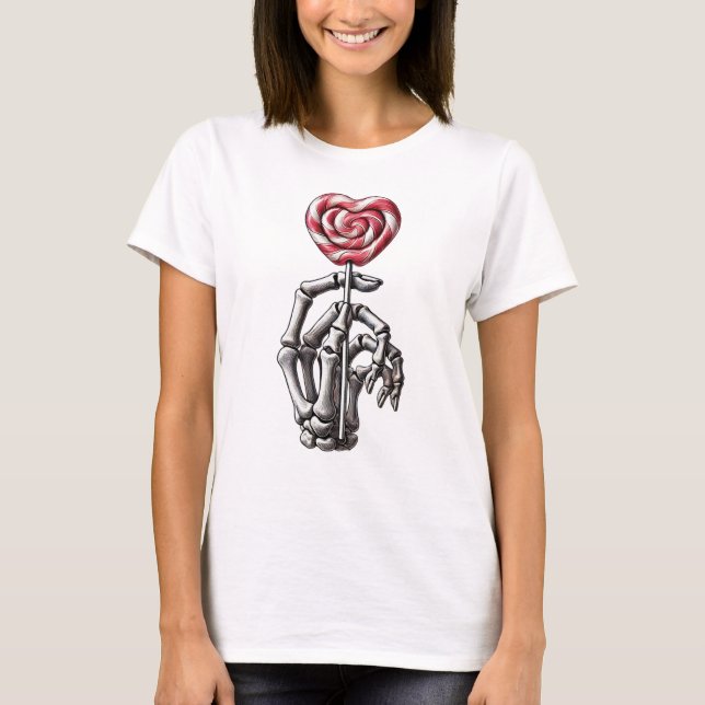 Skeleton Hand Holding Heart Lollipop T-Shirt (Vorderseite)