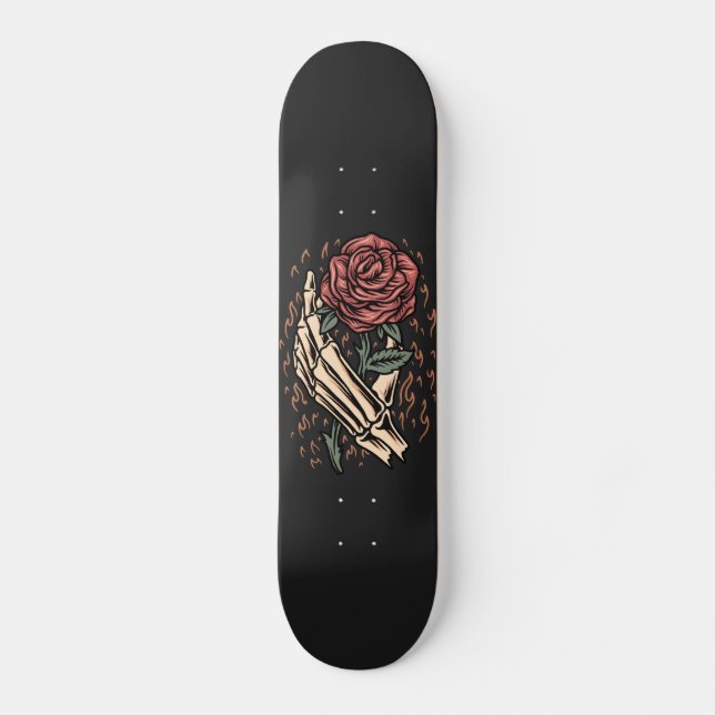 Skeleton Hand Holding Rose Blume Gothic Floral Skateboard (Vorderseite)
