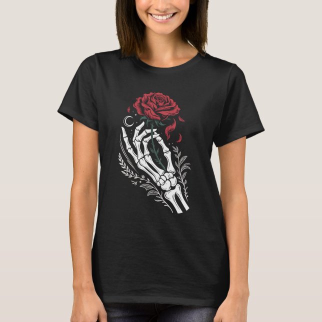 Skeleton Hand Holding Rose Gothic T-Shirt for Dark (Vorderseite)