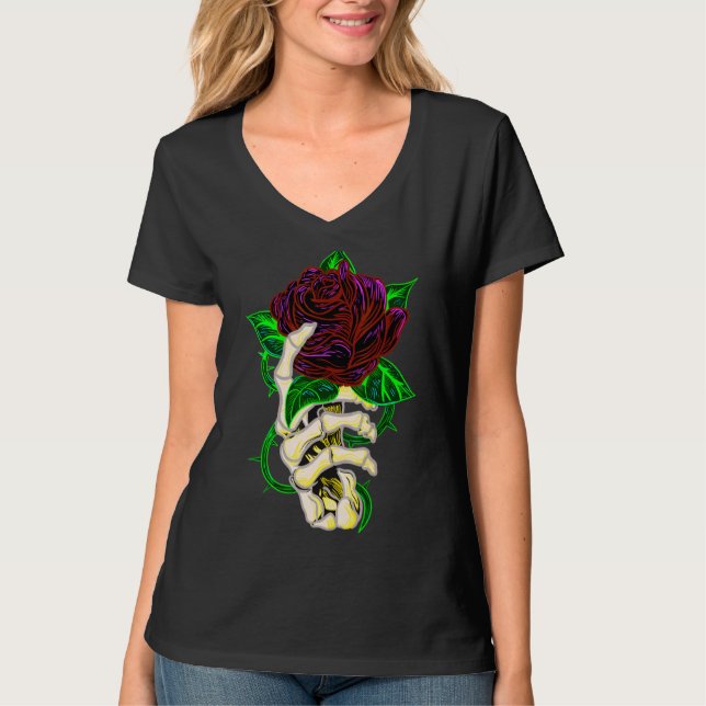 Skeleton Hand Holding Rose Tattoo T-Shirt (Vorderseite)