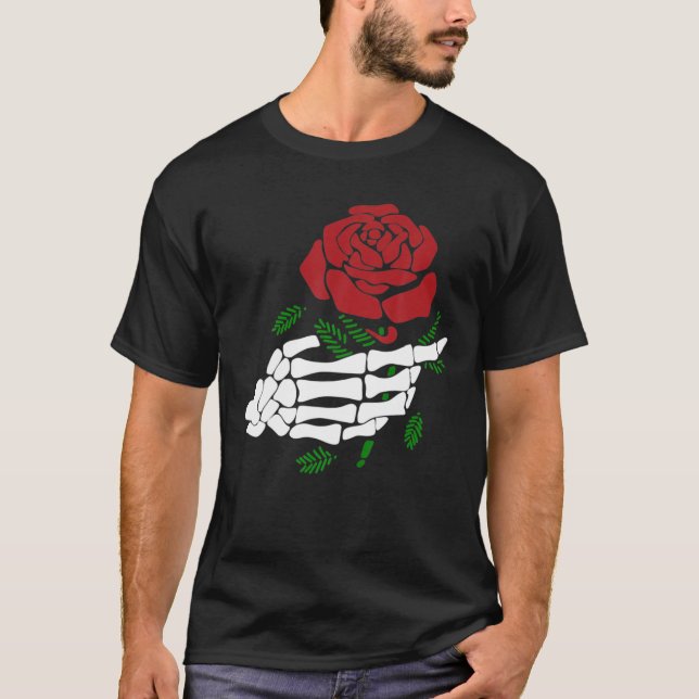 Skeleton Hand Holding Rote Rose Funny Tattoo Liebh T-Shirt (Vorderseite)