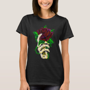 Skeleton Hand Holding Rote Rose Tattoo T-Shirt