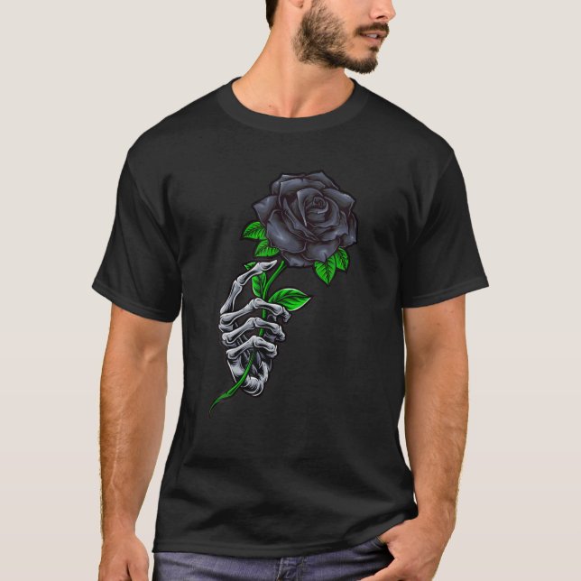 Skeleton Hand mit einer schwarzen Rose Funny Tatto T-Shirt (Vorderseite)