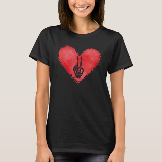 Skeleton Hand Peace Sign Red Heart Valentines Day  T-Shirt (Vorderseite)