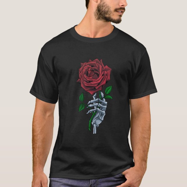 Skeleton Hand Rote Rose Blume T-Shirt (Vorderseite)