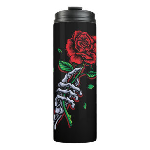 Skeleton Hand Rote Rose Blume Thermosbecher