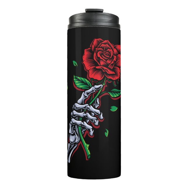 Skeleton Hand Rote Rose Blume Thermosbecher (Vorderseite)