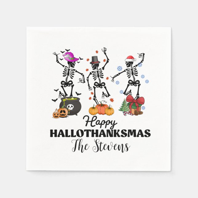 Skeleton Happy Hallothanksmas Serviette (Vorderseite)