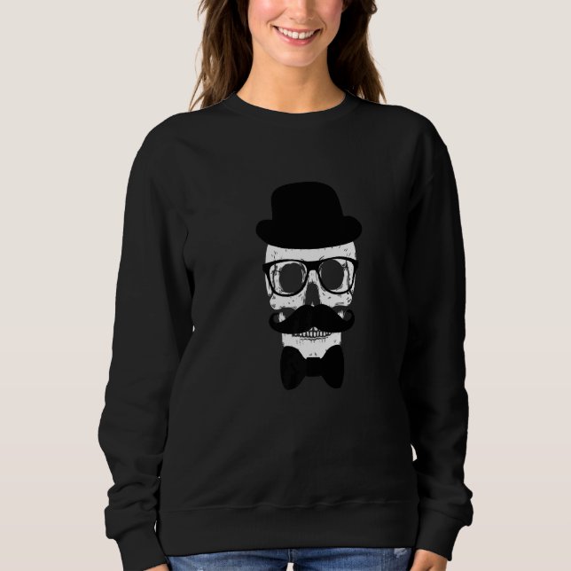 Skeleton Head Skull mit Fake Mustache Hat Brille Sweatshirt (Vorderseite)