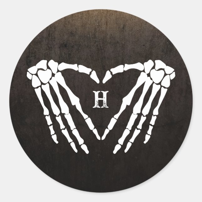 Skeleton Heart Monogram Goth Halloween Wedding Runder Aufkleber (Vorderseite)