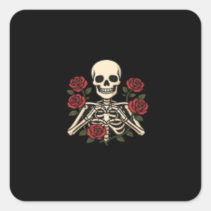 Skeleton Herzhandschuhe mit Rote Rosen - Romantisc Quadratischer Aufkleber