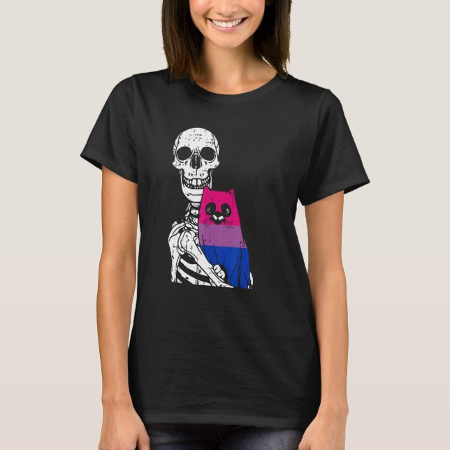 Skeleton Holding A Cat Bisexual LGBT-Q Pride Rainb T-Shirt (Vorderseite)
