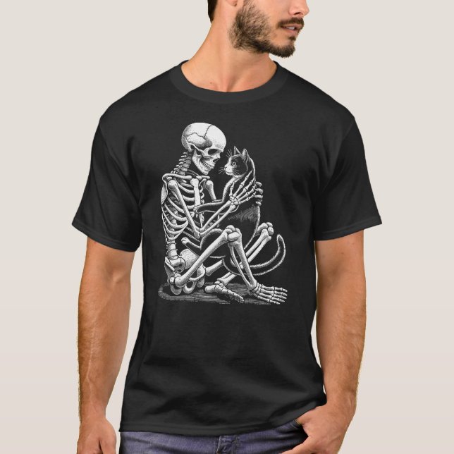Skeleton Holding A Cat Funny Lazy Halloween Costum T-Shirt (Vorderseite)