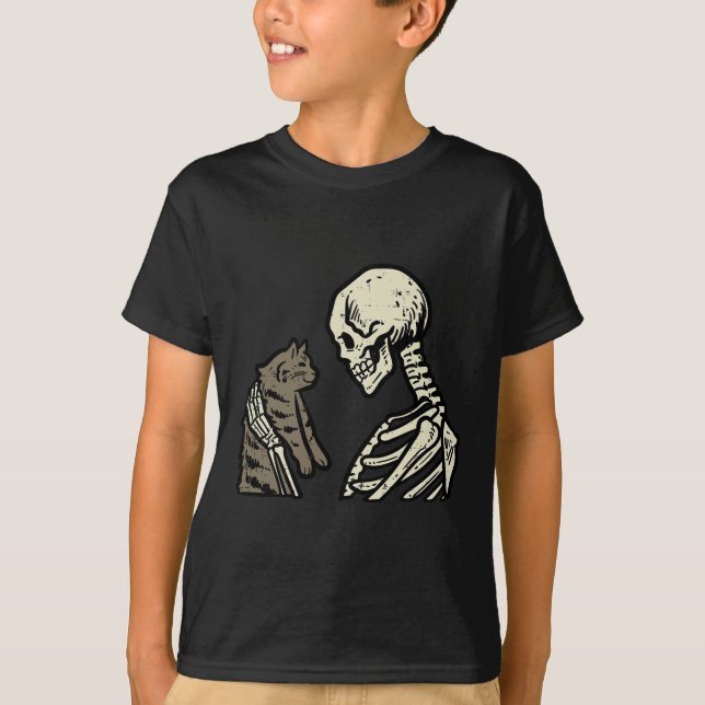 Skeleton Holding Cat Fun Halloween Schädelmännchen T-Shirt (Vorderseite)